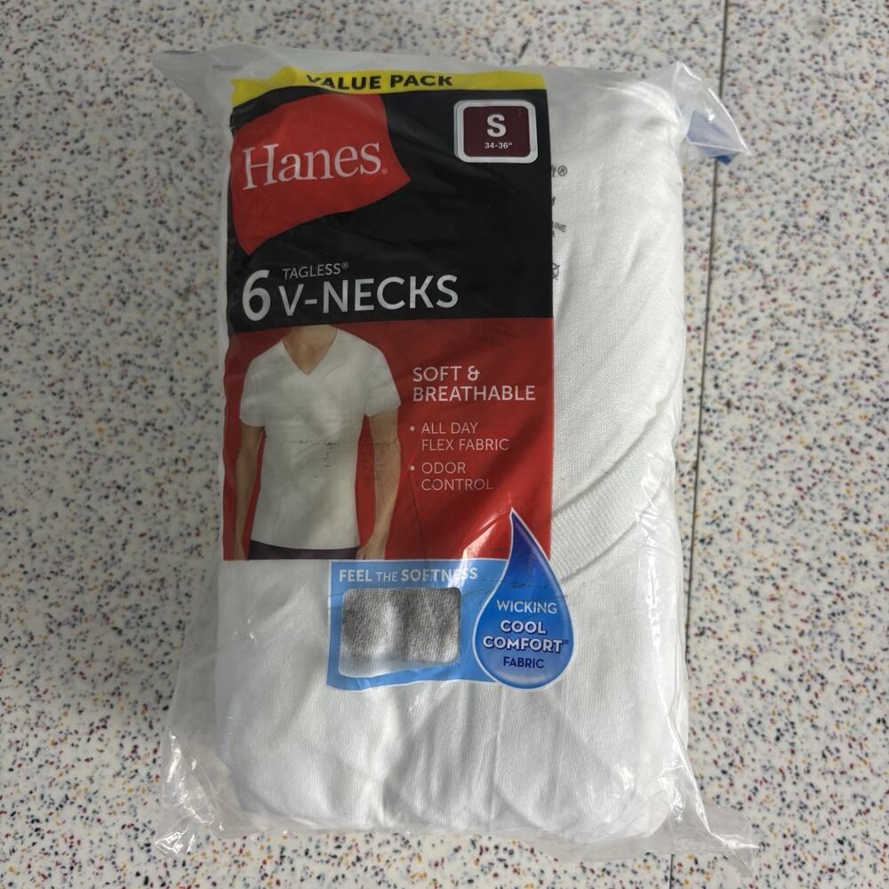 NWT HANES Men’s V-Neck 6-Pack White Under Shirts Flaw New Tags Essential Small